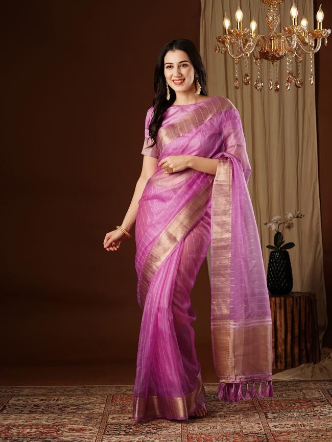 Organza Pink Party Wear Zari Work Saree